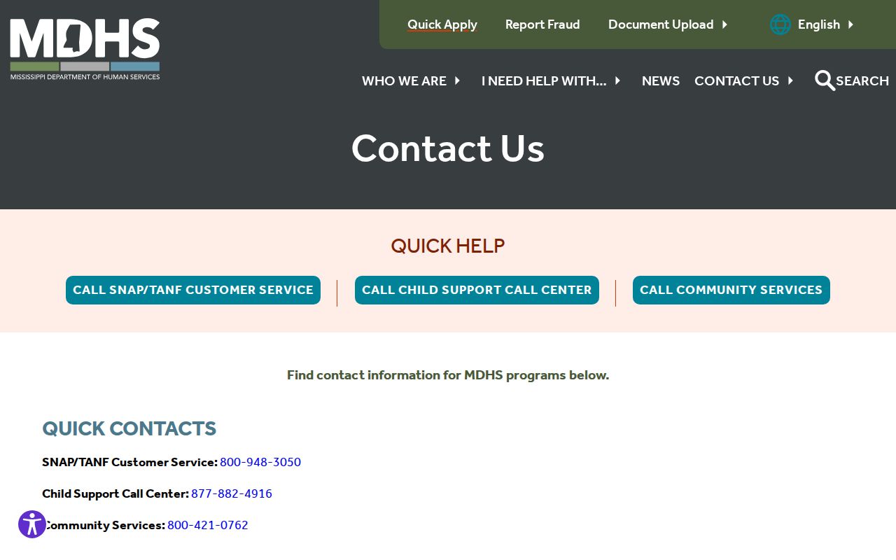 Mississippi Department of Human Services quick contacts in the Mississippi phone directory