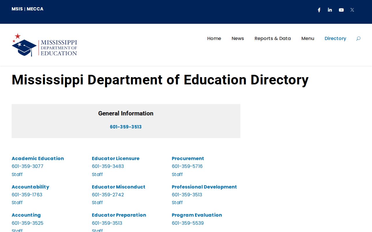 Mississippi Department of Education office directory in the Mississippi phone directory