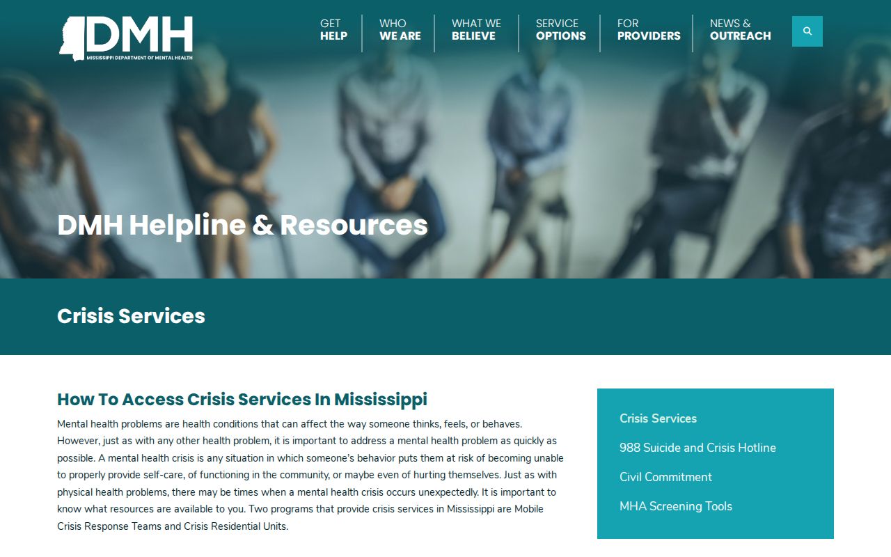 Mississippi DMH mobile crisis team numbers in the Mississippi phone directory