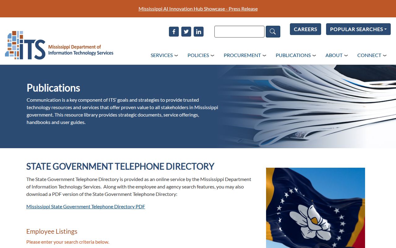 Mississippi ITS state telephone directory page used for Mississippi phone directory lookups