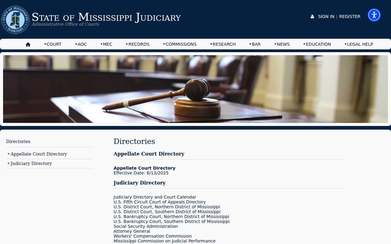 Mississippi Judiciary directory landing page in the Mississippi phone directory for court numbers