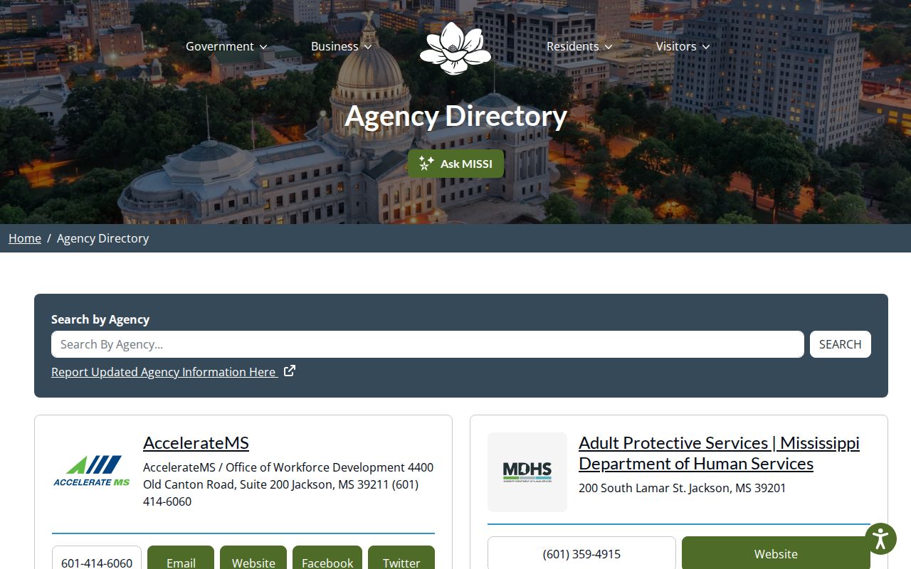 MS.gov agency directory cards in the Mississippi phone directory for state office numbers