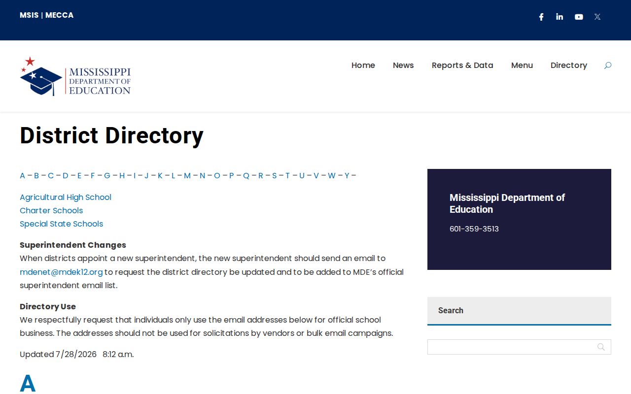 Statewide school district directory in the Mississippi phone directory listing district phone numbers