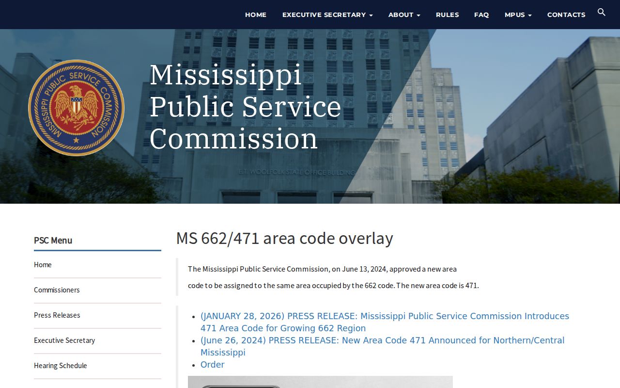 Mississippi PSC page on the 662 and 471 Mississippi area code overlay