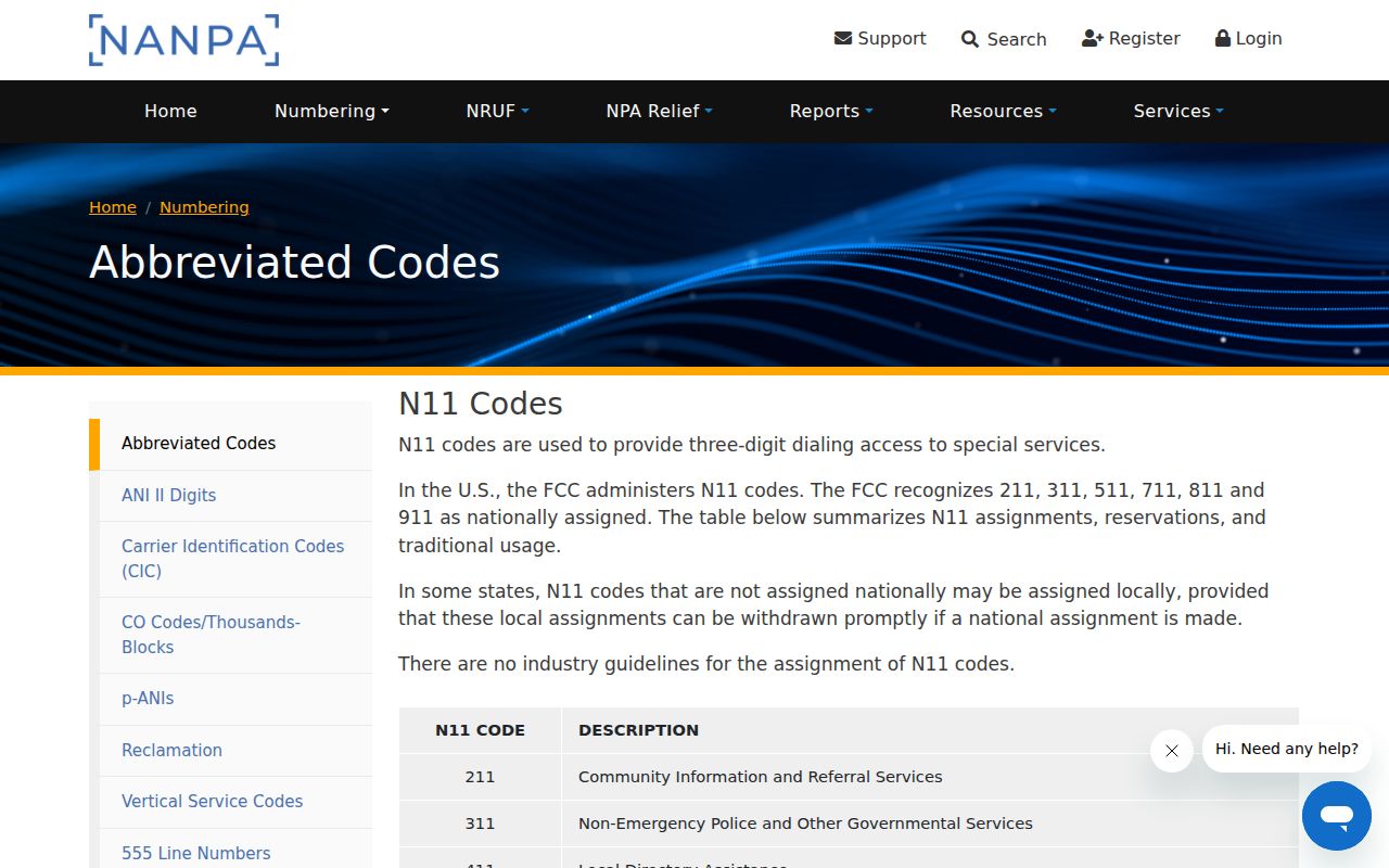 NANPA abbreviated code table listing the N11 phone codes used in Mississippi