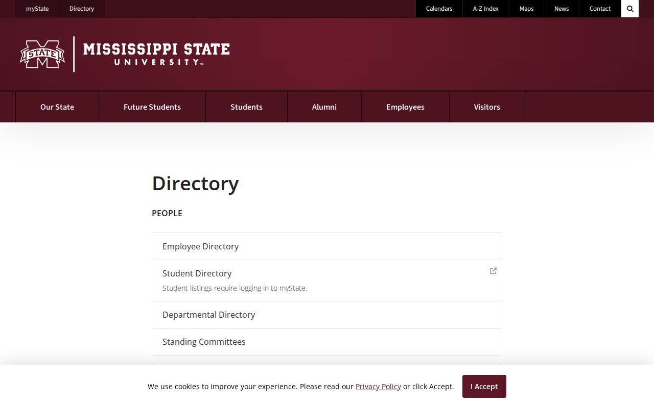 Mississippi State University directory page for campus phone numbers in Mississippi
