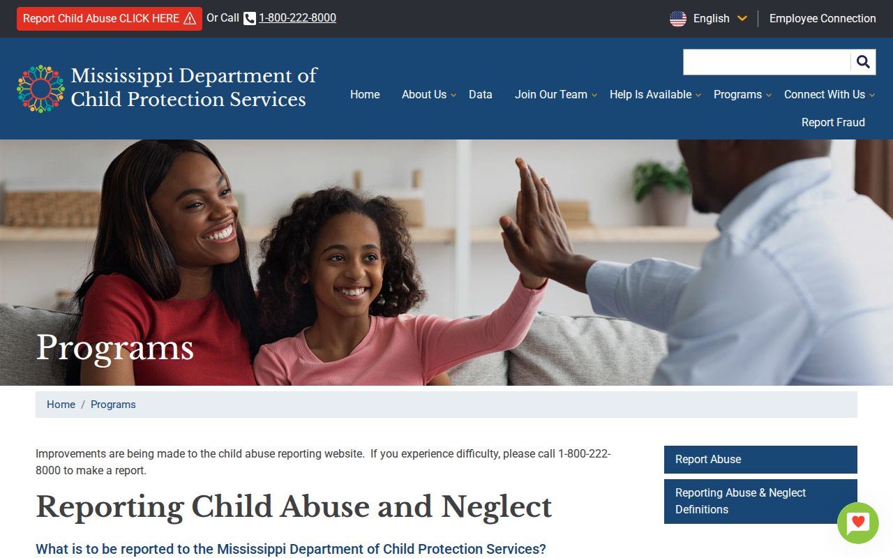 Mississippi child abuse reporting page listing the Mississippi phone number for reports