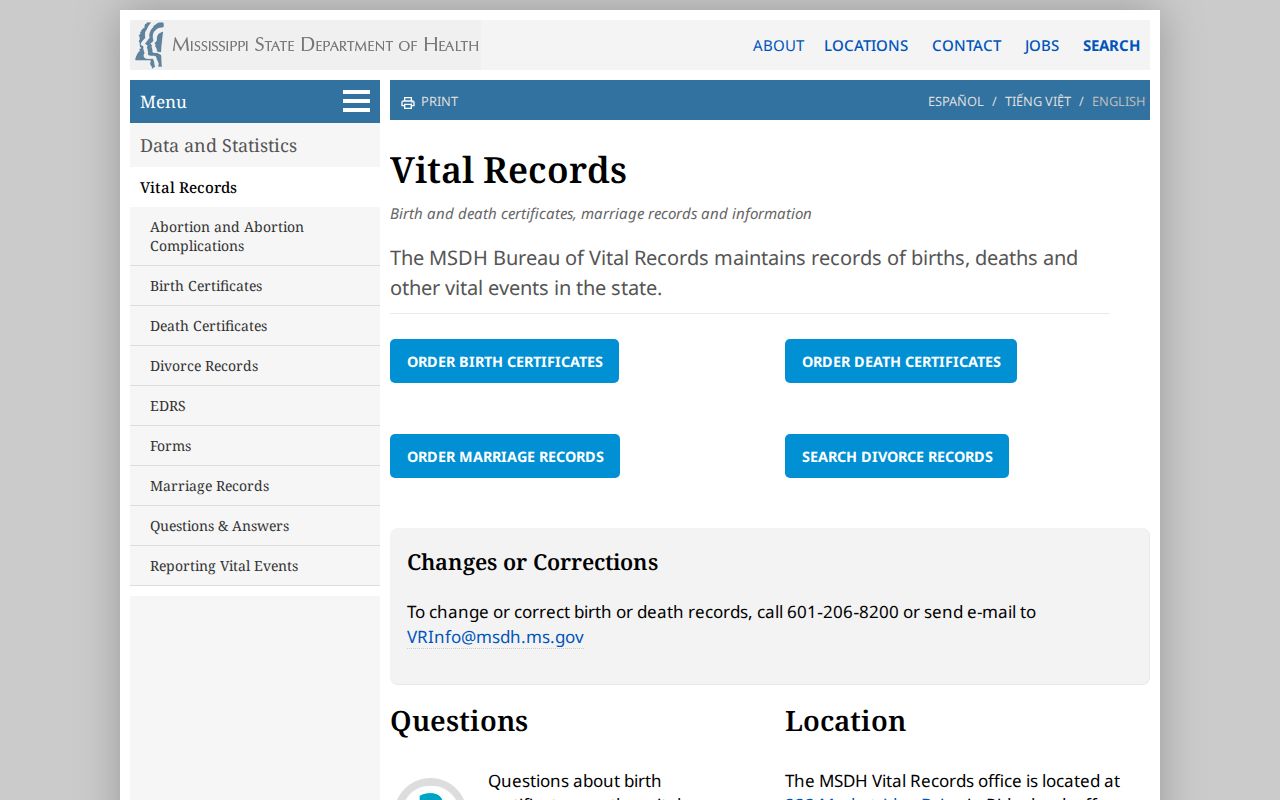 Mississippi vital records page with the Mississippi phone number for birth and death records
