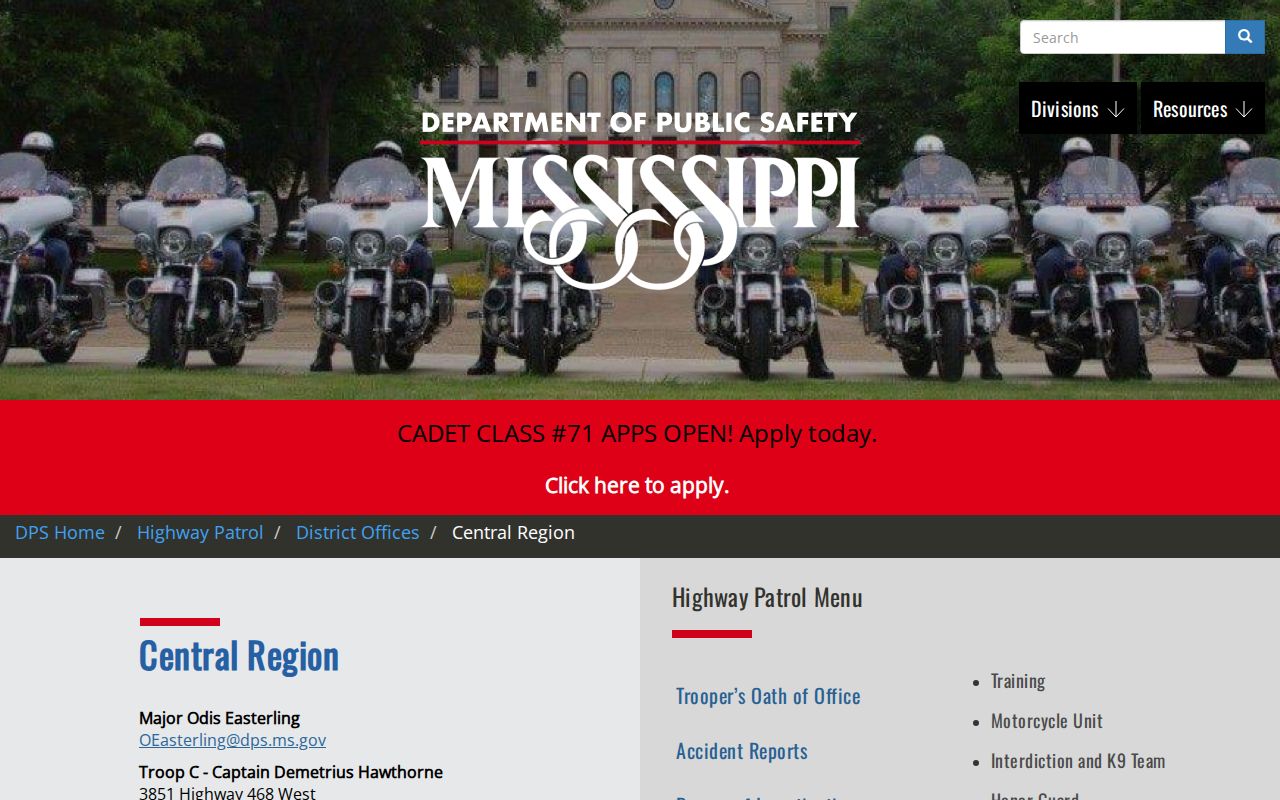 Mississippi Highway Patrol district office page with troop phone numbers