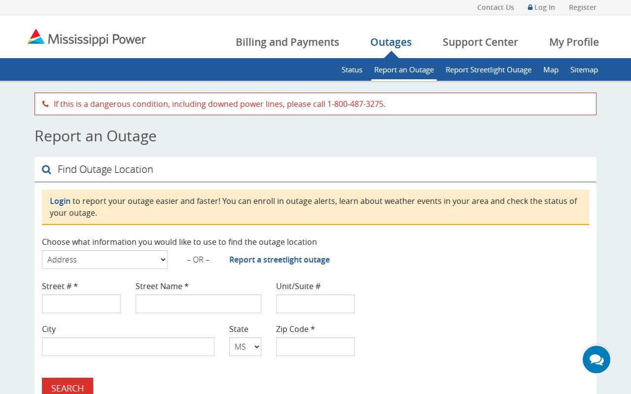 Mississippi Power outage reporting page with the emergency Mississippi phone number for downed lines