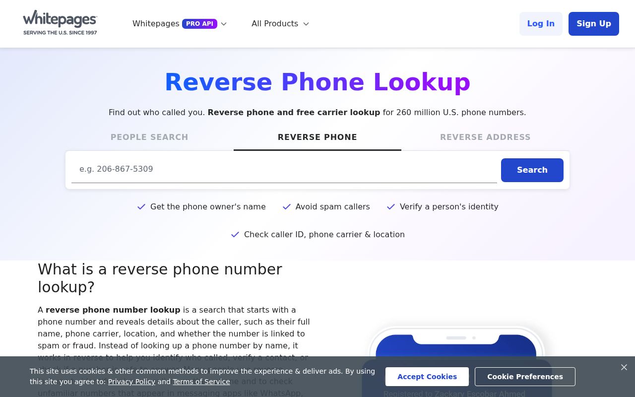 Third-party reverse phone lookup page for checking a Mississippi phone number